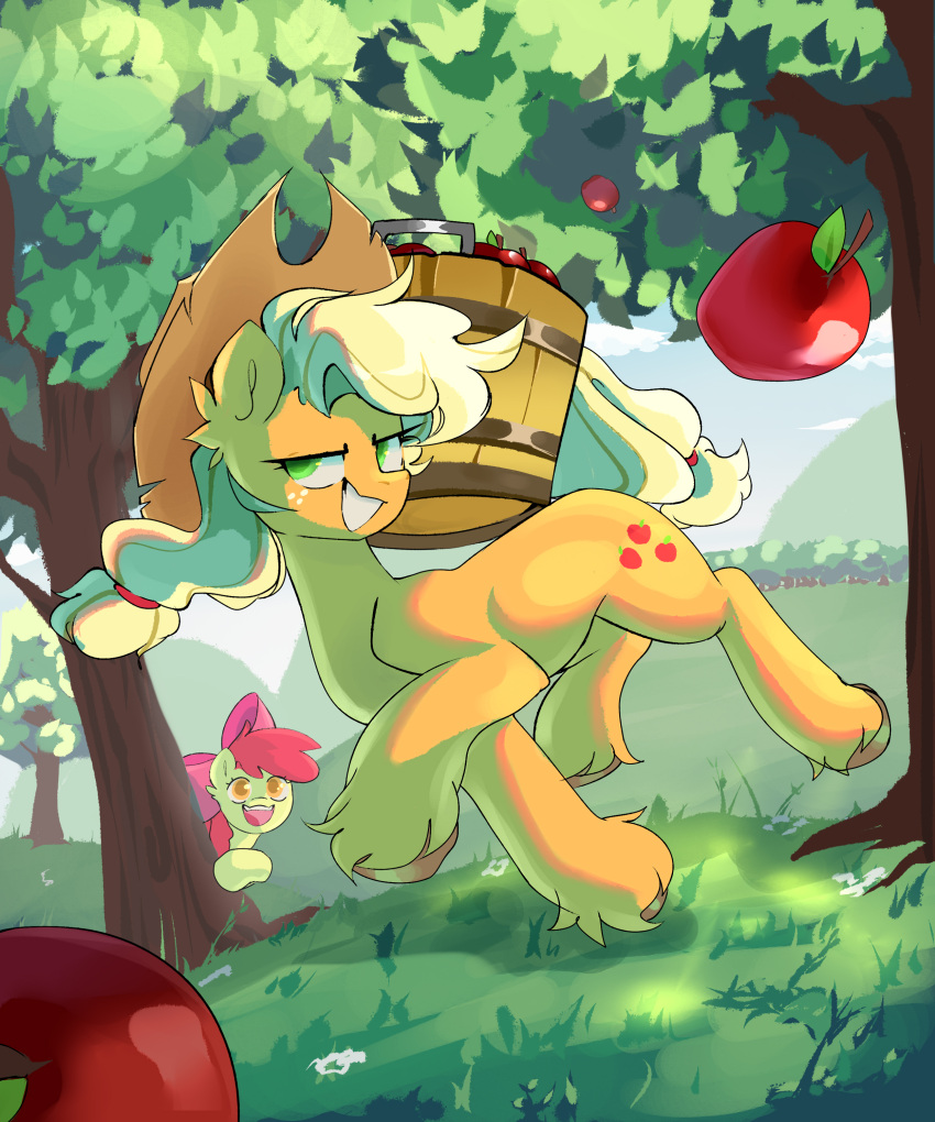 absurd_res accessory apple apple_bloom_(mlp) applejack_(mlp) blonde_hair blonde_mane bow_ribbon bucket clothing container cowboy_hat cutie_mark digital_media_(artwork) duo earth_pony equid equine female feral food freckles friendship_is_magic fruit fur furgonomics grass green_eyes grin hair hair_accessory hair_bow hair_ribbon hair_tie hasbro hat headgear headwear hi_res hooves horse leg_tuft madiwann mammal mane my_little_pony orange_body orange_fur outside plant pony red_hair red_mane ribbons smile tail tail_accessory tuft yellow_body yellow_fur yellow_tail