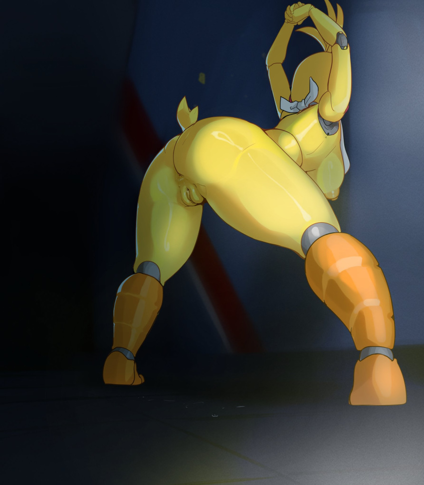 animatronic anthro avian bent_over bib bird breasts butt chicken female five_nights_at_freddy's five_nights_at_freddy's_2 galliform gallus_(genus) genitals hi_res inside machine mdthetest nipples nude phasianid presenting presenting_hindquarters pussy rear_view robot scottgames solo thick_thighs toy_chica_(fnaf) yellow_body