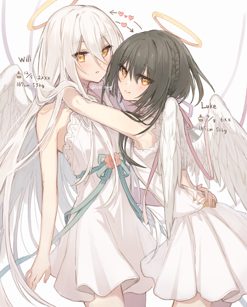 1010_neg 2girls absurdres angel_wings arm_around_waist bare_arms braid dress from_side hair_between_eyes halo highres hug long_hair looking_at_viewer looking_to_the_side multiple_girls original sleeveless sleeveless_dress standing very_long_hair white_dress white_hair wings yuri