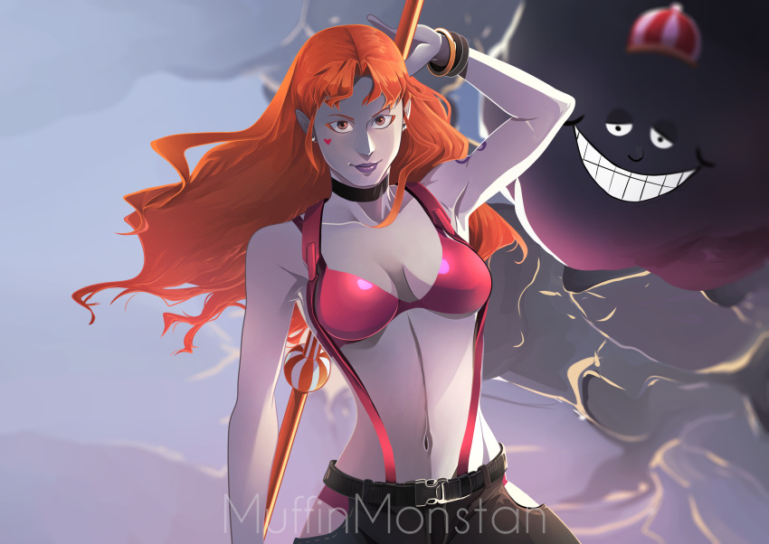 1girl arm_tattoo artist_name bracelet choker closed_mouth cloud earrings facial_mark hat heart highres holding holding_polearm holding_weapon jewelry long_hair looking_at_viewer midriff muffinmonstah nami_(one_piece) navel one_piece orange_hair polearm sleeveless smile tattoo teeth weapon zeus_(one_piece)