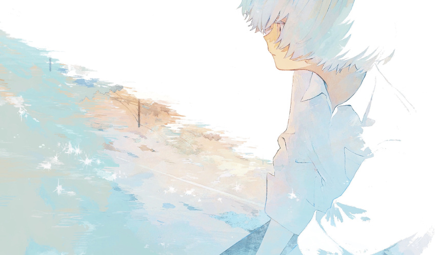 1boy absurdres closed_mouth cloud collared_shirt day from_side highres ka_(marukogedago) original outdoors profile reflection reflective_water shirt short_hair sleeves_rolled_up solo upper_body utility_pole white_background white_hair white_shirt white_theme