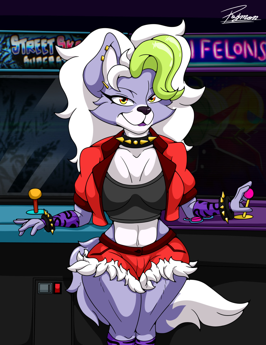 absurd_res anthro arcade_machine armwear big_breasts bottomwear breasts canid canine canis cheek_tuft clothing collar detailed_background dipstick_tail ear_piercing ear_ring eyebrows eyelashes facial_tuft female five_nights_at_freddy's five_nights_at_freddy's:_security_breach green_highlights hair hands_behind_head hi_res highlights_(coloring) mammal markings navel pattern_armwear pattern_clothing piercing purple_armwear purple_clothing red_bottomwear red_clothing red_topwear reymonrr ring_piercing roxanne_wolf_(fnaf) scottgames solo steel_wool_studios studded_belt studded_collar tail tail_markings topwear tuft white_hair wide_hips wolf yellow_eyes