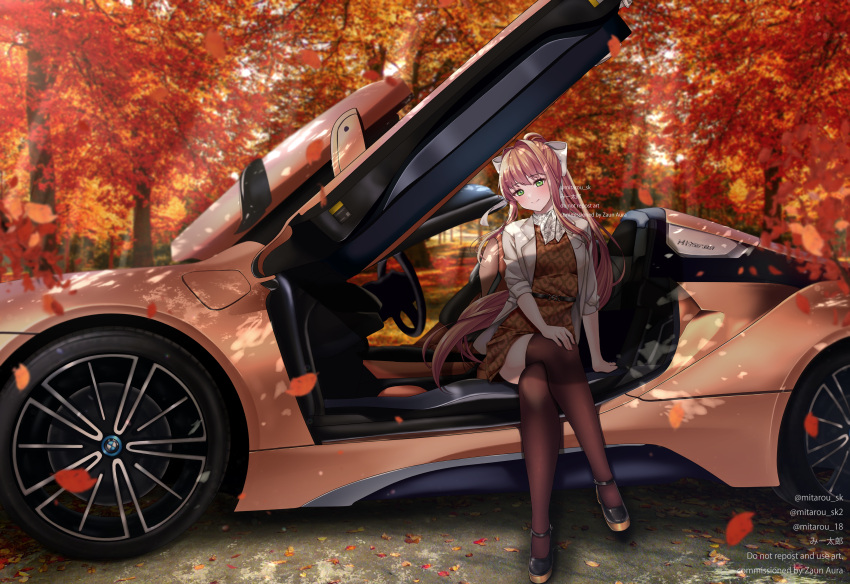 1girl absurdres autumn autumn_leaves black_footwear blush bow brown_hair brown_thighhighs closed_mouth commission crossed_legs day doki_doki_literature_club green_eyes hair_bow high_heels highres long_hair long_sleeves looking_at_viewer mi_tarou0412 monika_(doki_doki_literature_club) outdoors ponytail sitting smile solo thighhighs tree white_bow
