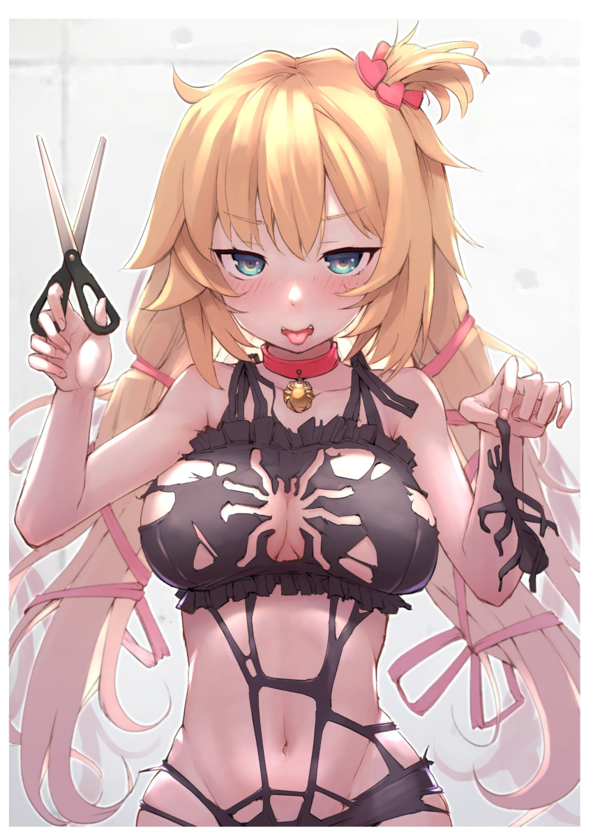 absurdres akai_haato blonde_hair bug heart highres hololive mitsuru_(pixiv_34028718) scissors spider tongue tongue_out