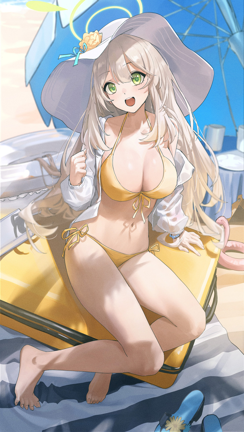 1girl arm_support barefoot beach bikini blonde_hair blue_archive breasts collarbone feet flower front-tie_bikini_top front-tie_top green_eyes hat hat_flower highres innertube large_breasts legs long_hair long_sleeves navel nonomi_(blue_archive) nonomi_(swimsuit)_(blue_archive) official_alternate_costume open_clothes open_mouth open_shirt outdoors sandals sandals_removed shadow shirt side-tie_bikini_bottom solo spread_toes sun_hat swimsuit thighs toenails toes ttk_(kirinottk) white_headwear white_shirt yellow_bikini