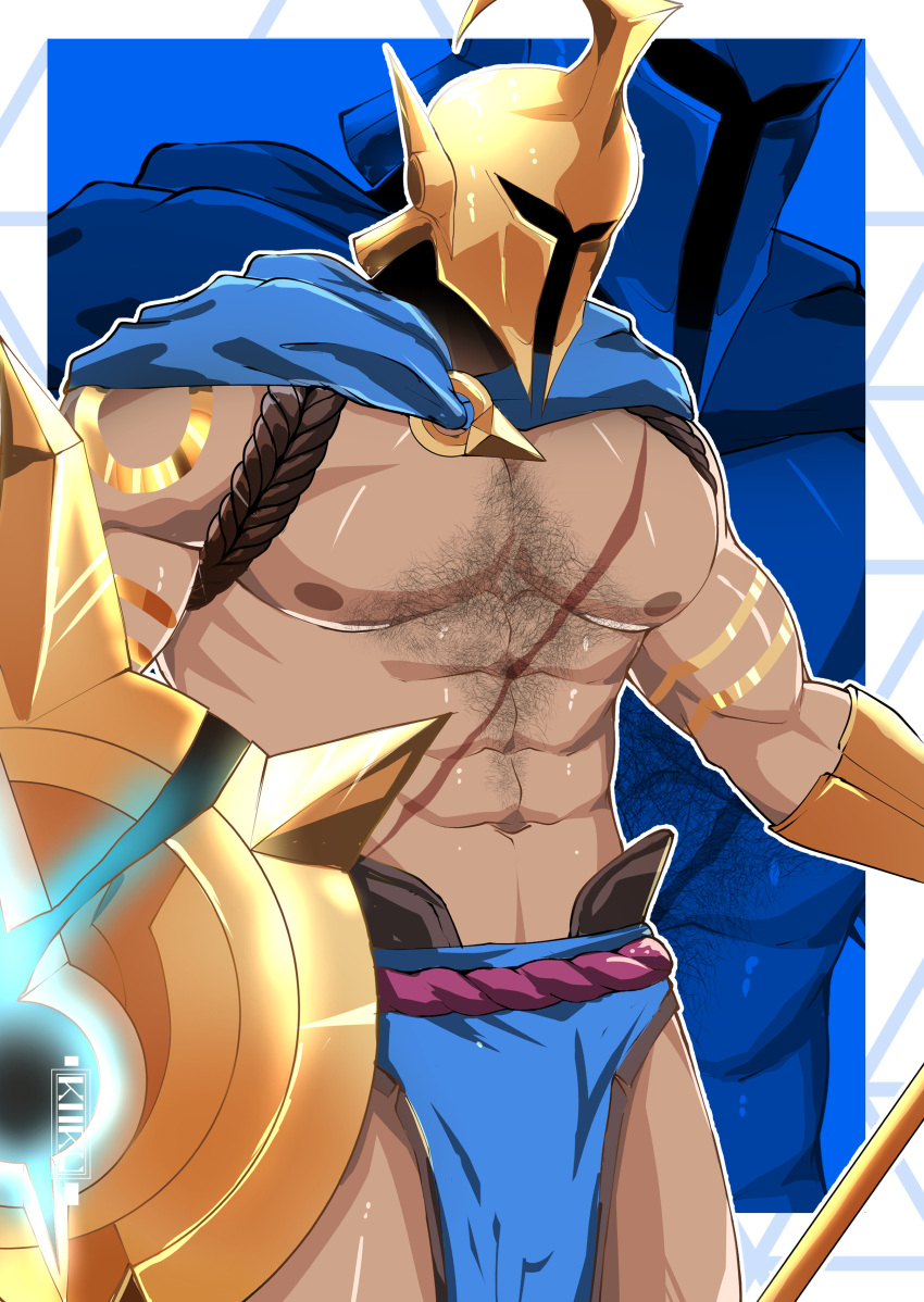 1boy abs absurdres arm_tattoo artist_name bara biceps blue_background chest_hair covered_face glowing glowing_weapon hairy helmet highres holding holding_shield kiazu114 large_pectorals league_of_legends loincloth male_focus manly mature_male muscular muscular_male nipples no_shirt pantheon_(league_of_legends) pectorals scar scar_on_chest scarf shield signature solo tattoo weapon