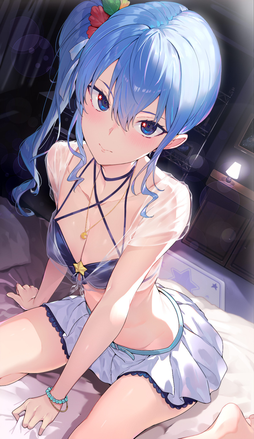 1girl :/ :t alternate_breast_size bare_shoulders barefoot bead_bracelet beads bedroom belt bikini blue_bikini blue_eyes blue_hair blush bracelet breasts choker cleavage collarbone commentary_request gold_necklace hair_between_eyes hair_ornament highres hololive hoshimachi_suisei indoors jewelry kakage lamp lens_flare long_hair looking_at_viewer medium_breasts miniskirt necklace on_bed see-through side_ponytail sidelocks sitting skirt solo star_(symbol) star_in_eye swimsuit symbol_in_eye thighs virtual_youtuber wariza wavy_hair white_skirt