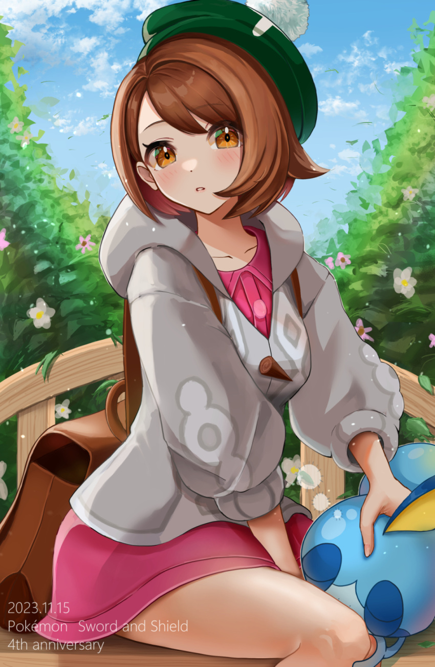 1girl bag bench brown_eyes brown_hair buttons cardigan collared_dress dated dress english_text gloria_(pokemon) grey_cardigan hand_on_another's_head hat highres looking_at_viewer on_bench outdoors pink_dress pokemon pokemon_(creature) pokemon_(game) pokemon_swsh setta_shu short_hair shoulder_bag sitting sobble solo_focus tam_o'_shanter thighs