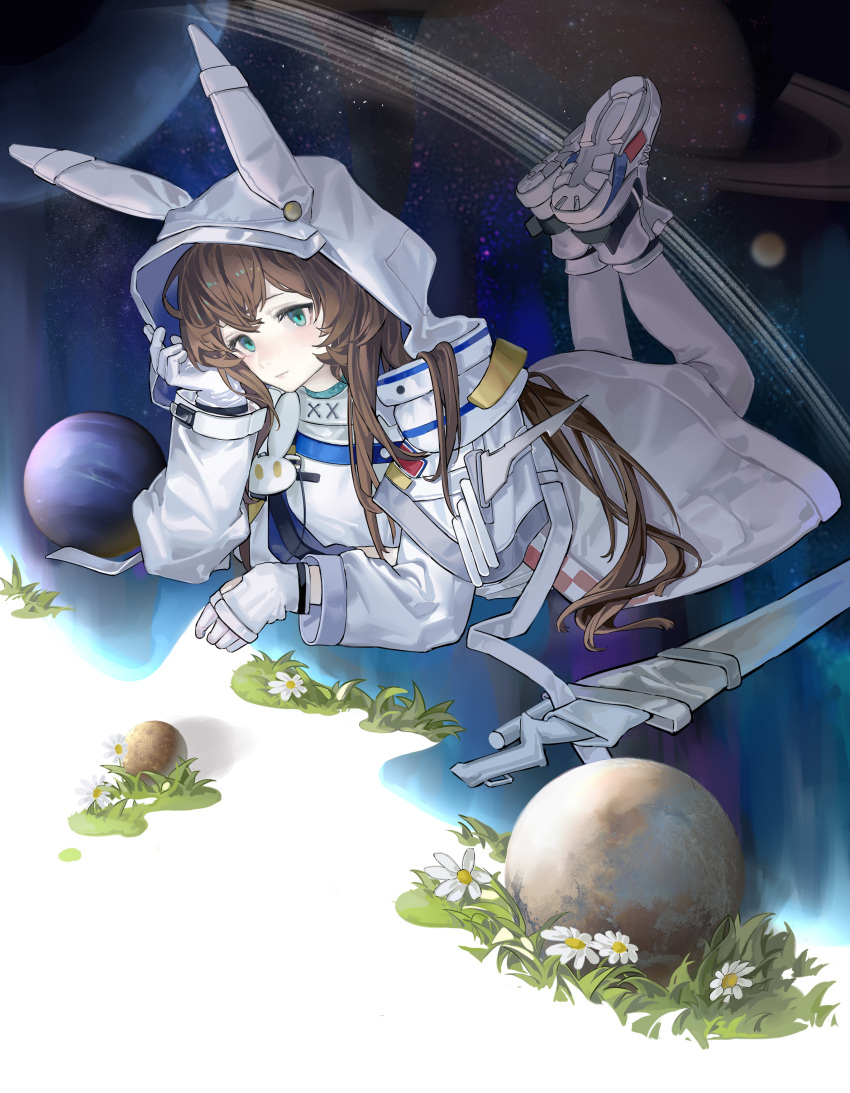 1girl absurdres amiya_(arknights) amiya_(guard)_(arknights) amiya_(guard)_(touch_the_stars)_(arknights) animal_ears animal_hood aqua_eyes arknights awakeningdog blue_coat brown_hair closed_mouth coat commentary_request crop_top expressionless feet_up flower gloves grass highres hood hood_up long_hair long_sleeves lying official_alternate_costume on_stomach open_clothes open_coat planet planetary_ring rabbit_ears rabbit_hood sheath sheathed shoes sneakers solo space sword very_long_hair weapon white_flower white_footwear white_gloves