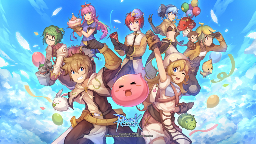 &gt;_&lt; 3boys 4girls :3 acolyte_(ragnarok_online) angeling animal_on_head archer_(ragnarok_online) backpack bag balloon belt bikini bikini_top_only bird bird_on_head black-framed_eyewear black_hairband blonde_hair blue_eyes blue_hair blue_shirt blue_sky bow brown_bag brown_bikini brown_bow brown_capelet brown_eyes brown_gloves brown_hair brown_jacket brown_pants brown_shirt brown_shorts brown_skirt bug cake candle capelet cassock caterpillar chick closed_mouth cloud commentary_request confetti eggshell_hat elbow_gloves fabre feathers feet_out_of_frame filir_(ragnarok_online) food glasses gloves green_hair grin hair_bow hairband holding holding_sword holding_weapon jacket kunknee long_hair long_sleeves looking_at_viewer lunatic_(ragnarok_online) mage_(ragnarok_online) merchant_(ragnarok_online) monkey multiple_boys multiple_girls novice_(ragnarok_online) on_head one_eye_closed one_side_up open_mouth pants party_popper pelvic_curtain picky_(ragnarok_online) pink_hair pipe_in_mouth poring pussy_juice raccoon ragnarok_online red_eyes red_hair shirt short_hair short_sleeves shorts showgirl_skirt shrug_(clothing) skirt sky slime_(creature) smile smokie_(ragnarok_online) smoking_pipe spore_(ragnarok_online) swimsuit sword swordsman_(ragnarok_online) thief_(ragnarok_online) v weapon white_capelet yoyo_(ragnarok_online)