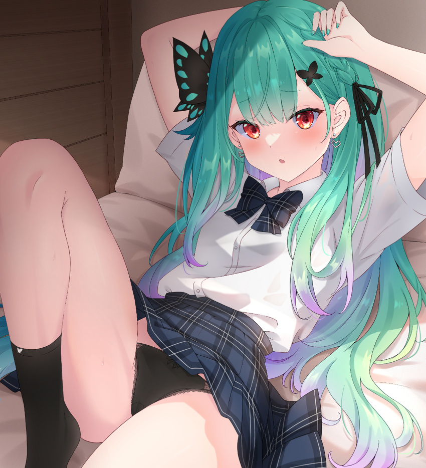 1girl arms_up bed black_panties black_ribbon black_skirt black_socks blush bow bowtie braid butterfly-shaped_pupils butterfly_hair_ornament clothes_lift colored_inner_hair crotch earrings gradient_hair green_hair green_nails hair_between_eyes hair_ornament hair_ribbon heart heart_earrings highres hololive indoors jewelry knee_up kurono_yuzuko long_hair looking_at_viewer lying multicolored_hair official_alternate_costume official_alternate_hairstyle on_bed open_mouth panties plaid plaid_skirt purple_hair red_eyes ribbon school_uniform shirt side_braid sidelocks skirt skirt_lift smile socks solo sunlight sweat underwear uruha_rushia uruha_rushia_(school_uniform) virtual_youtuber wall white_shirt wooden_wall