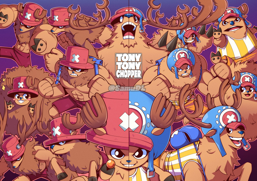 1boy abs antlers antlers_through_headwear backpack bag blue_headwear blush_stickers highres hooves multiple_persona muscular one_piece open_mouth pink_headwear reindeer reindeer_antlers samu_(samudl) serious shaded_face shirt smile split_theme striped striped_shirt tank_top tony_tony_chopper vertical-striped_shirt vertical_stripes