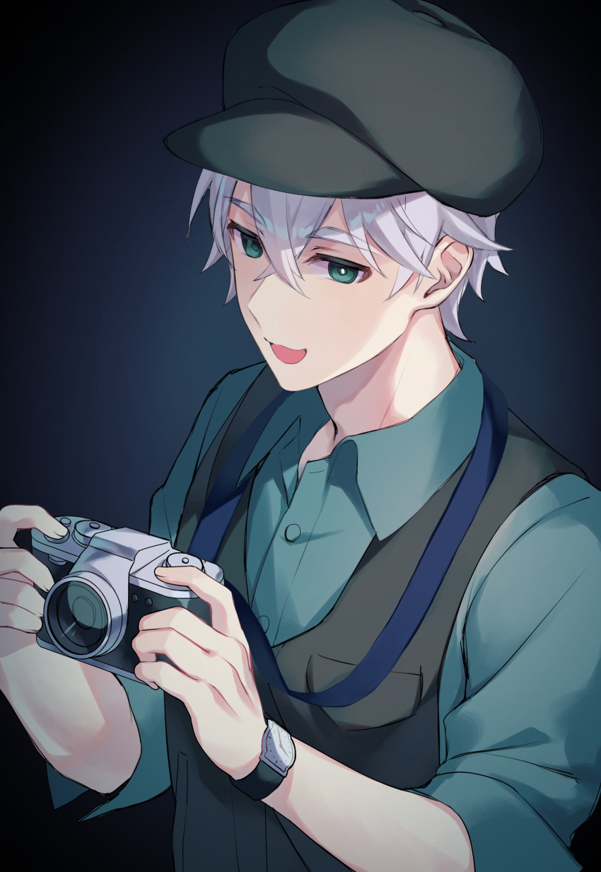 1boy :d absurdres aqua_eyes aqua_shirt black_background blue_background breast_pocket bright_pupils buttons camera collared_shirt commentary_request copyright_request crossed_bangs gradient_background grey_headwear grey_vest hair_between_eyes hands_up hat headwear_request highres holding holding_camera kurobikari male_focus mismatched_pupils open_mouth pocket shirt short_hair simple_background sleeve_cuffs sleeves_past_elbows smile solo thick_eyebrows two-tone_background upper_body vest watch white_hair white_pupils wing_collar wristwatch