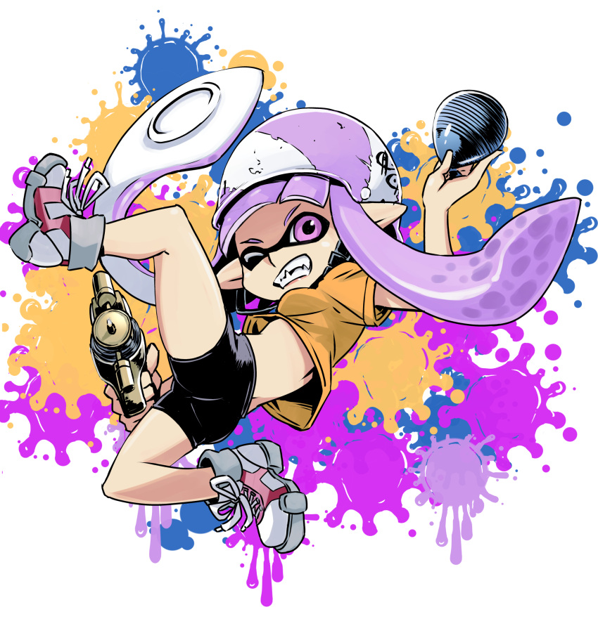 1girl ass bike_shorts black_shorts breasts burst_bomb_(splatoon) fangs grin helmet highres holding inkling inkling_girl light_purple_hair lips long_hair muramasa_mikado one_eye_closed orange_shirt paint_splatter pink_footwear pink_lips pointy_ears purple_eyes shirt shoes short_sleeves shorts small_breasts smile sneakers solo splash-o-matic_(splatoon) splatoon_(series) splatoon_3 suction_cups tentacle_hair two-tone_footwear water_balloon white_footwear