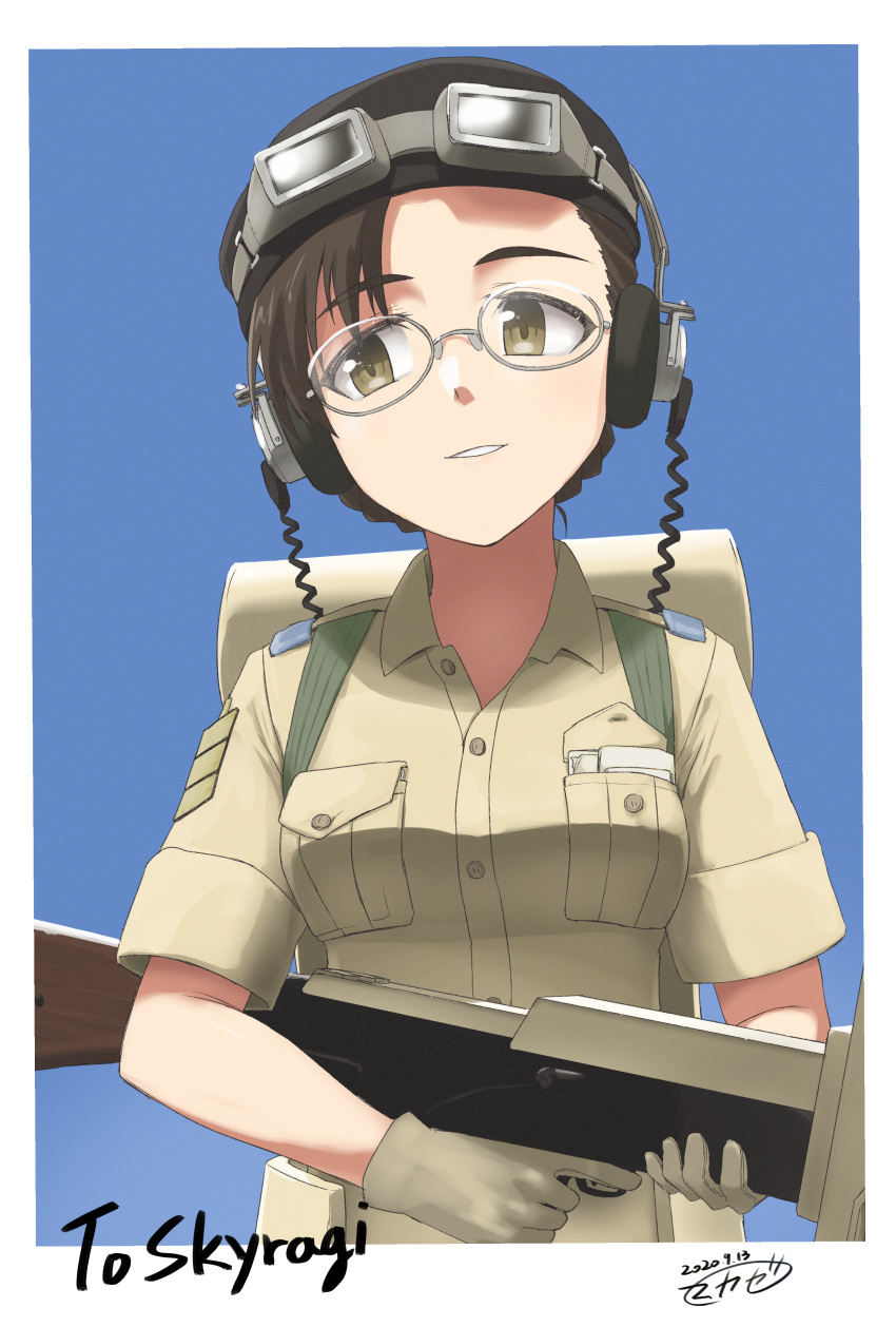 1girl absurdres beret blue_background braid breasts brown_hair collared_shirt commission commissioner_name commissioner_upload dated eleanor_dickens epaulettes glasses gloves goggles goggles_on_headwear gun half_body hat headphones highres makaze_(t-junction) medium_breasts medium_hair military military_rank_insignia military_uniform non-web_source shirt signature simple_background skeb_commission sleeves_rolled_up solo swept_bangs trigger_discipline uniform weapon witches_of_africa world_witches_series