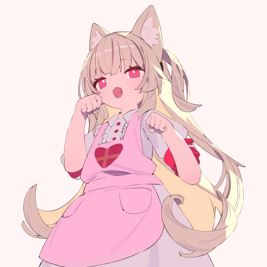 1girl animal_ear_fluff animal_ears apron blonde_hair cat_ears center_frills collared_dress commentary_request dress frills hajime_(hajime-ill-1st) hands_up heart heart_print highres kemonomimi_mode long_hair looking_at_viewer natori_sana open_mouth paw_pose pink_apron puffy_short_sleeves puffy_sleeves red_eyes sana_channel short_sleeves simple_background smile solo standing virtual_youtuber white_background white_dress