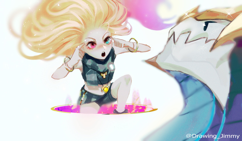 1girl :o absurdres aurelion_sol_(league_of_legends) bare_shoulders blonde_hair bracelet crop_top dragon dryskeleton_(drawing_jimmy) grey_eyes grey_scarf heterochromia highres index_finger_raised jewelry league_of_legends long_hair looking_at_another meme multicolored_hair necklace pink_background pink_eyes pink_hair portal_(object) scarf sharp_teeth shorts teeth think_mark_think!_(meme) two-tone_hair upper_teeth_only watermark white_background zoe_(league_of_legends)