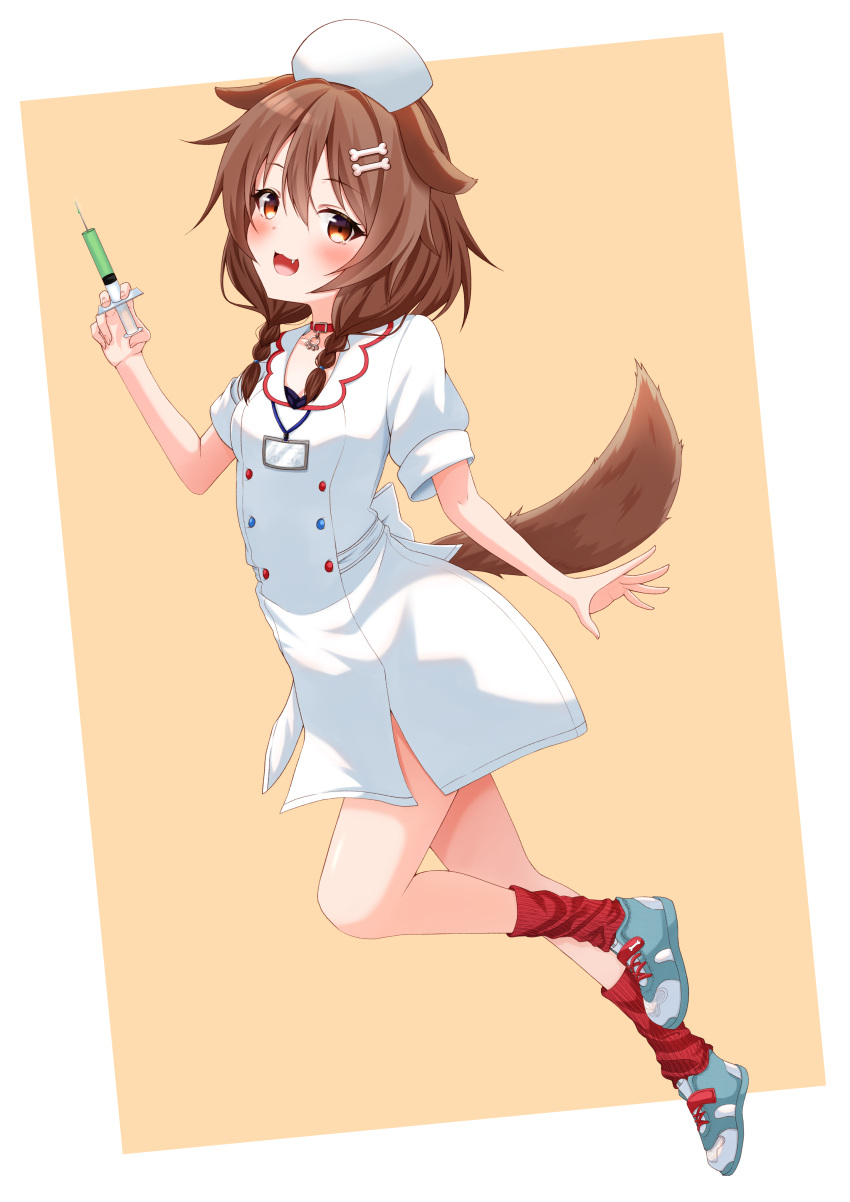 1girl absurdres animal_ears belt_collar blush bone_hair_ornament braid breasts brown_eyes brown_hair collar dog_ears dog_girl dog_tail dress fang hair_ornament hat highres holding holding_syringe hololive inugami_korone looking_at_viewer medium_hair name_tag nurse nurse_cap open_mouth red_collar red_socks rense_1010_(number_nanashi) shoes small_breasts smile socks solo syringe tail twin_braids virtual_youtuber white_dress white_footwear