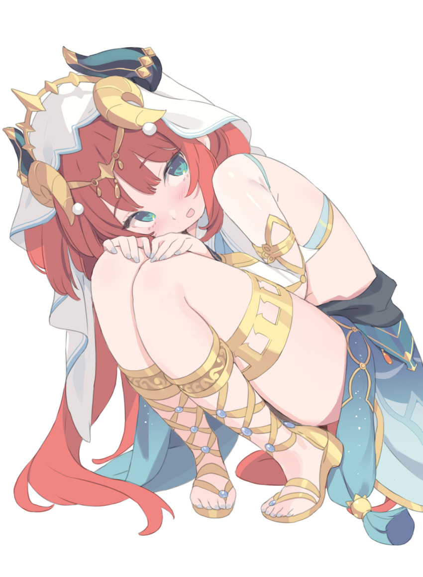 1girl armlet blade_(galaxist) blue_skirt blush bracer breasts fake_horns genshin_impact green_eyes hair_ornament harem_outfit highres horns large_breasts long_hair long_sleeves looking_at_viewer low_twintails nilou_(genshin_impact) open_mouth puffy_long_sleeves puffy_sleeves red_hair sandals sash sidelocks skirt solo squatting thighlet twintails veil