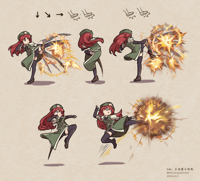 absurdres bike_shorts_under_skirt chinese_clothes chun-li dress fighting_game flying_kick green_dress green_headwear high_kick highres hong_meiling kicking long_hair nero_augustus red_hair street_fighter street_fighter_6 thighhighs touhou