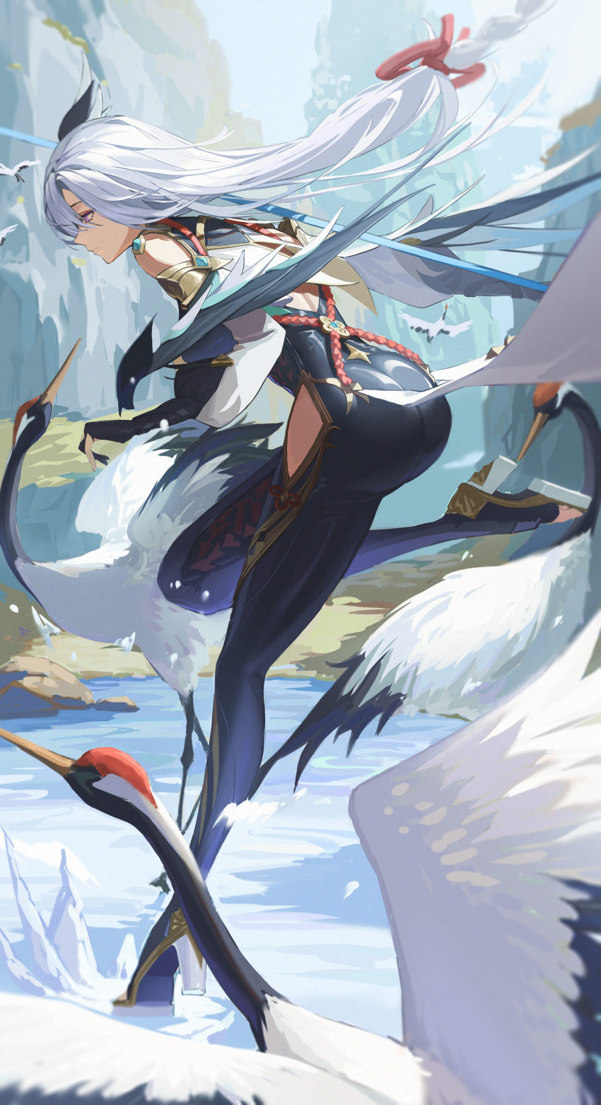 1girl absurdres animal ass back_cutout bird black_bodysuit bodysuit bridal_gauntlets closed_mouth clothing_cutout crane_(animal) detached_sleeves floating_hair from_side full_body fuwafuwa4560 genshin_impact hair_ornament high_heels highres hip_vent holding holding_polearm holding_weapon long_hair low-tied_long_hair polearm purple_eyes shenhe_(genshin_impact) solo very_long_hair water weapon white_hair