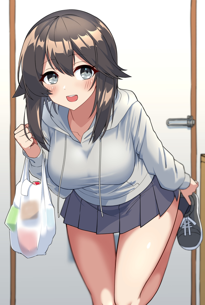 1girl alternate_costume bag black_footwear black_hair breasts drawstring grey_eyes grey_skirt hayasui_(kancolle) highres hood hooded_sweater kantai_collection medium_breasts open_mouth plastic_bag pleated_skirt round_teeth shiba_(zudha) shoes short_hair short_hair_with_long_locks skirt smile sneakers solo standing standing_on_one_leg sweater teeth upper_teeth_only white_sweater