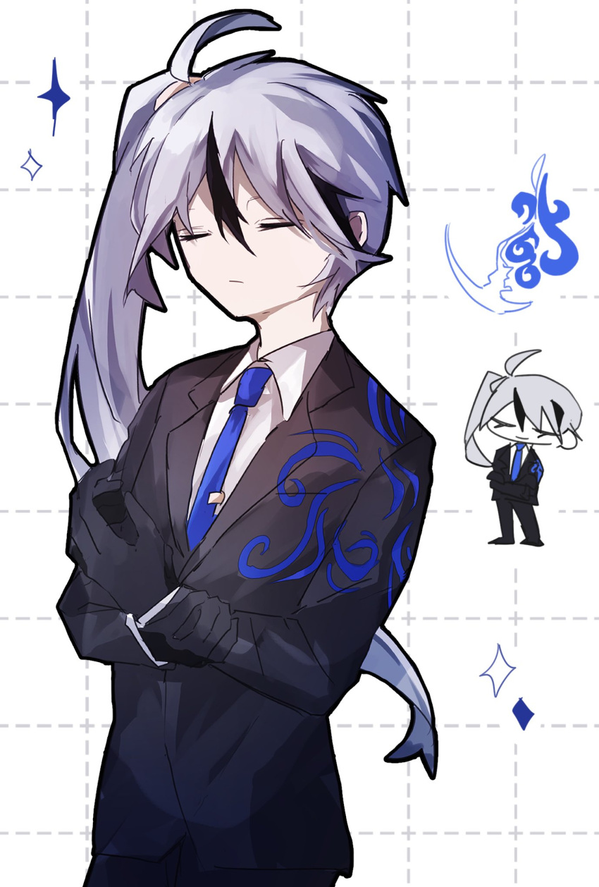 1boy ahoge alternate_universe black_gloves black_jacket blue_necktie breasts cleavage closed_eyes collared_shirt gloves highres jacket library_of_ruina long_hair long_sleeves minasemochii multicolored_hair multiple_views necktie project_moon shirt side_ponytail simple_background smile streaked_hair tie_clip very_long_hair white_background white_hair white_shirt yan_vismok