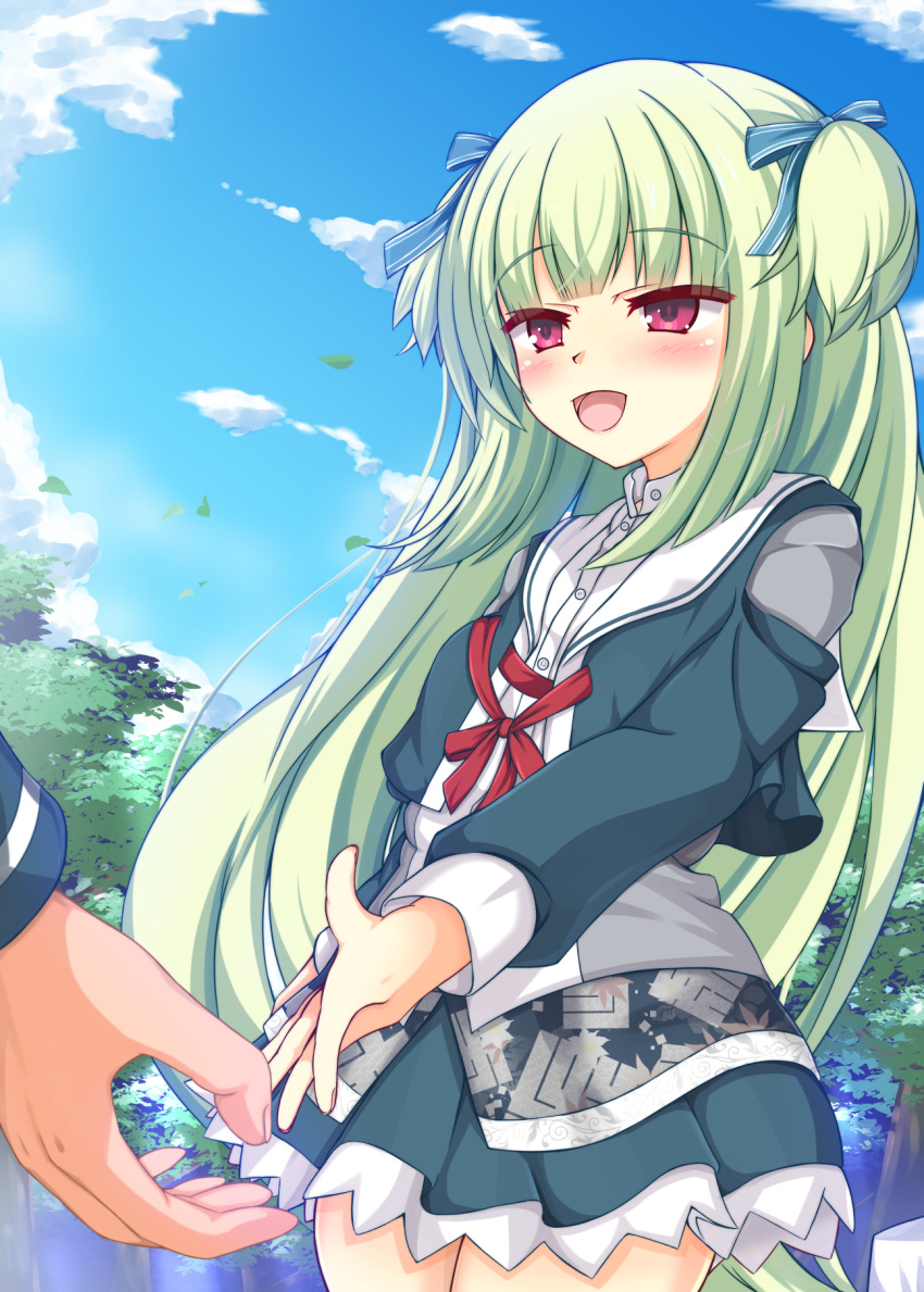 1girl 1other :d blue_ribbon blue_sky blunt_bangs blunt_ends blush cherry_enpty cloud commentary_request cowboy_shot day eyelashes floating_hair forest frilled_skirt frills green_hair green_jacket green_skirt hair_ribbon happy highres hime_cut imminent_hand_holding jacket long_hair long_sleeves looking_at_another miniskirt murasame_(senren) nature official_alternate_costume open_mouth outdoors red_eyes ribbon sailor_collar school_uniform senren_banka shirt sidelocks skirt sky smile solo solo_focus straight_hair two_side_up uniform very_long_hair white_sailor_collar white_shirt