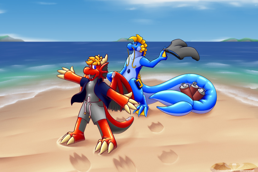 &gt;:) 2023 3_toes 4_fingers agender air_tank air_valve animate_inanimate anthro barbel_(anatomy) beach big_tail blue_body blue_clothing blue_eyes blue_shirt blue_topwear bottomwear cheek_frill claws clothing cooler darkoverord darkoverord_occassus detailed_background digital_media_(artwork) digitigrade dragon duo ear_frill eastern_dragon feet finger_claws fingers flesh_whiskers frill_(anatomy) grey_body grey_bottomwear grey_clothing grey_pupils grey_shorts grey_tongue hair handles handles_on_back handles_on_hips hi_res horn huge_tail inflatable living_inflatable looking_at_viewer male mane markings membrane_(anatomy) membranous_wings no_pupils open_mouth open_smile orange_hair orange_markings pupils red_body rigel_(darkoverord) scalie seaside shirt shorts smile spade_tail tail tan_claws tan_horn teeth toe_claws toes tongue topwear webbed_feet webbed_hands western_dragon wings yellow_frill