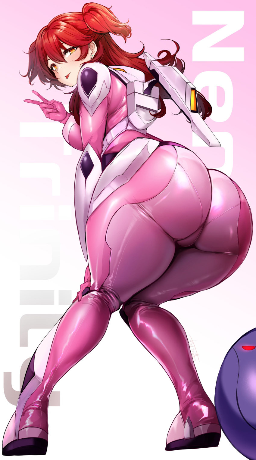 1girl absurdres agetama ass bad_haro bent_over blush bodysuit breasts character_name freckles from_behind gundam gundam_00 highres huge_ass long_hair looking_at_viewer looking_back medium_breasts nena_trinity pilot_suit pink_background pink_bodysuit red_hair shiny_clothes skin_tight solo standing tongue tongue_out two_side_up v yellow_eyes