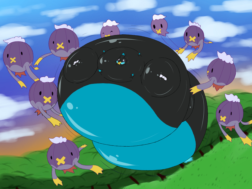 absurd_res balloon balloon_with_face belly big_belly big_tail black_body blue_body blue_fire blue_sky blush body_inflation charmeleon cloud cloudscape colored_fire drifblim fire generation_1_pokemon generation_4_pokemon grass hi_res huge_belly hyper hyper_belly immobile inflatable motion_lines mouth_closed nintendo orange_sky plant po-charii_hoshii_(artist) pokemon pokemon_(species) purple_body sky swelling tail tokomi_flametail tree yellow_body