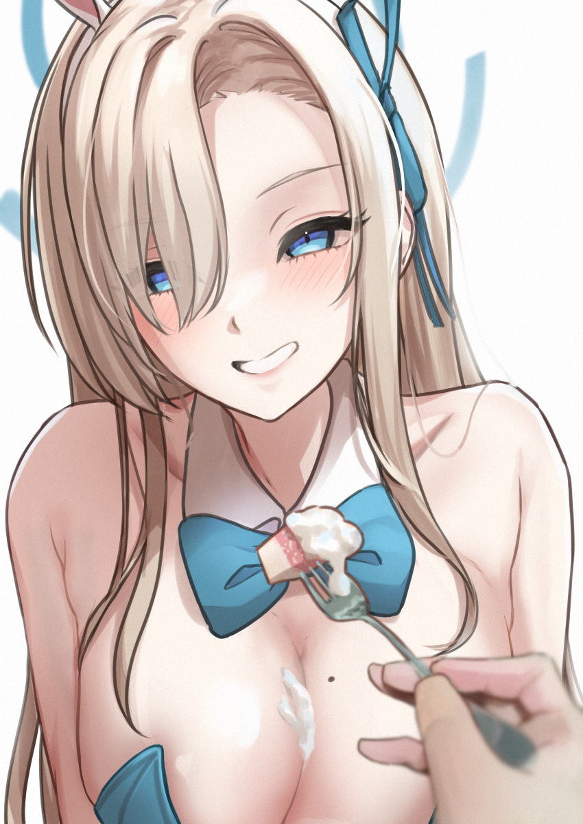 1girl 1other absurdres asuna_(blue_archive) asuna_(bunny)_(blue_archive) asymmetrical_bangs blue_archive blue_bow blue_bowtie blue_eyes bow bowtie breasts cake cream_on_breasts detached_collar food grin hair_over_one_eye halo highres holding holding_spoon large_breasts light_brown_hair long_bangs long_hair looking_at_viewer mole mole_on_breast official_alternate_costume playboy_bunny pointy_breasts pov simple_background smile solo_focus spoon t_oaru upper_body white_background