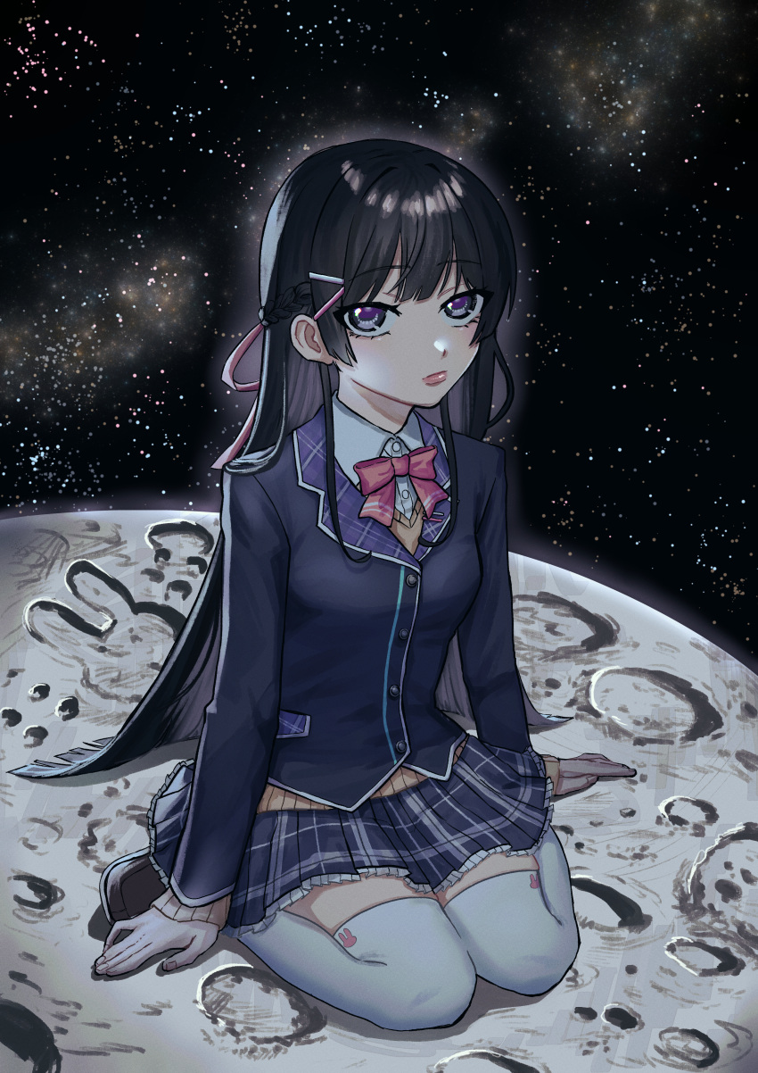 1girl :/ absurdres arm_support black_eyes black_hair black_skirt bow bowtie brown_sweater collared_shirt commentary_request crater dress_shirt full_body highres long_hair long_sleeves looking_at_viewer madarao_arata multicolored_eyes nijisanji on_moon pink_bow pink_bowtie pink_lips plaid plaid_skirt purple_eyes rabbit_symbol school_uniform shirt sitting skirt sky solo space star_(sky) starry_sky sweater thick_lips thighhighs tsukino_mito tsukino_mito_(1st_costume) virtual_youtuber wariza white_shirt white_thighhighs