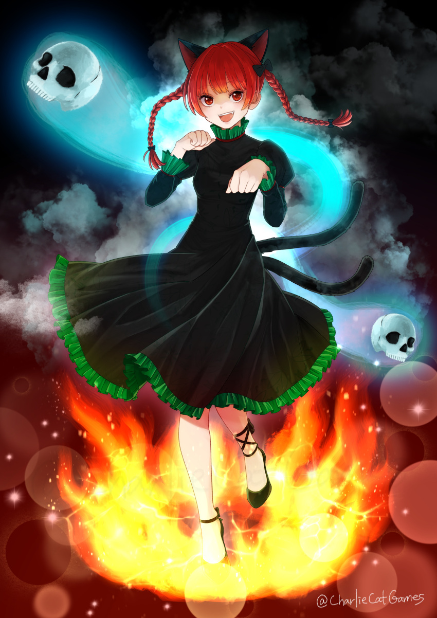 1girl :d absurdres animal_ears artist_name bow braid breasts cat_ears cat_tail dress fire flame floating_hair full_body hair_ribbon highres juliet_sleeves kabadi kaenbyou_rin long_sleeves looking_at_viewer multiple_tails nekomata paw_pose puffy_sleeves red_eyes red_hair ribbon skull small_breasts smile solo standing standing_on_one_leg tail touhou tress_ribbon twin_braids two_tails