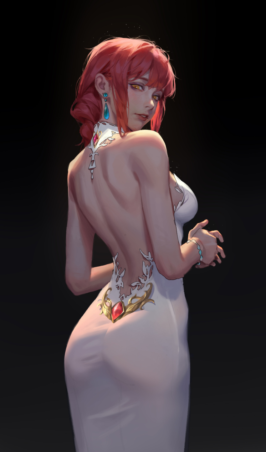 1girl absurdres backless_dress backless_outfit bare_shoulders chainsaw_man cropped_legs dress earrings eyeshadow halter_dress halterneck highres jewelry liu2e3ing makeup makima_(chainsaw_man) own_hands_together red_eyes ringed_eyes smile solo standing white_dress