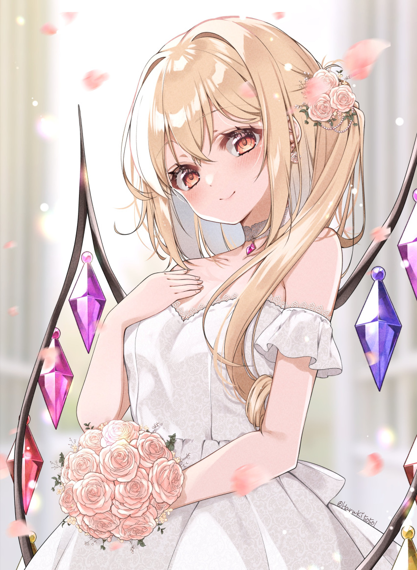 1girl absurdres alternate_costume blonde_hair blush bouquet closed_mouth collarbone crystal dress fingernails flandre_scarlet flower hair_between_eyes haruki_(colorful_macaron) highres holding holding_bouquet long_hair one_side_up petals pink_flower red_eyes short_sleeves smile solo touhou twitter_username upper_body white_dress wings
