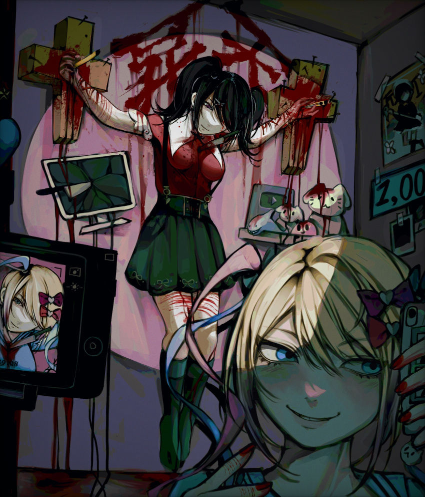 2girls ame-chan_(needy_girl_overdose) black_eyes black_hair black_skirt black_socks blonde_hair blood blood_writing blue_eyes blue_hair blue_shirt bow chouzetsusaikawa_tenshi-chan collar collared_shirt cracked_screen cross crucifixion dual_persona full_body guro hair_bow hair_over_one_eye highres holding holding_phone impaled indoors injury knife long_hair monitor multiple_girls nail needy_girl_overdose o_(user_rzay7843) outstretched_arms phone pink_bow pink_hair poster_(object) recording red_nails red_shirt restrained selfie shelf shirt shirt_tucked_in skirt smile socks spread_arms stab stuffed_animal stuffed_toy suspender_skirt suspenders twintails upper_body white_collar wrist_cutting youtube_creator_award