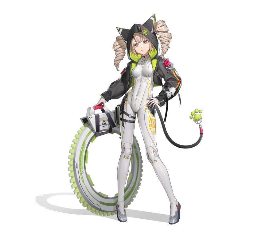 1girl absurdres animal_ears black_jacket blonde_hair bodysuit breasts cat_ears cat_tail chakram cyan_(user_uefk4847) drill_hair fake_animal_ears fake_tail full_body gloves grey_background high_heels highres hood hooded_jacket jacket long_hair looking_at_viewer medium_breasts open_clothes open_jacket red_eyes shiro_(tower_of_fantasy) simple_background skin_tight solo standing tachi-e tail tower_of_fantasy twin_drills weapon white_background white_bodysuit white_gloves