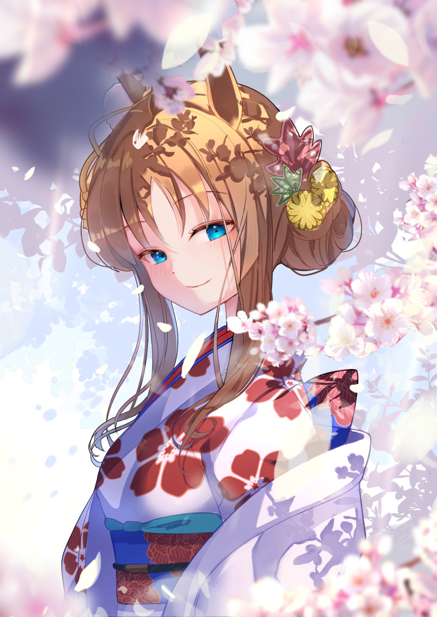 1girl absurdres alternate_hairstyle animal_ears arms_at_sides blue_eyes blurry blurry_foreground blush breasts brown_hair cherry_blossoms closed_mouth falling_petals floral_print grass_wonder_(umamusume) hair_bun hair_ornament haori highres horse_ears japanese_clothes kimono long_hair looking_at_viewer obi petals sash small_breasts smile solo umamusume upper_body white_kimono yomean! yukata