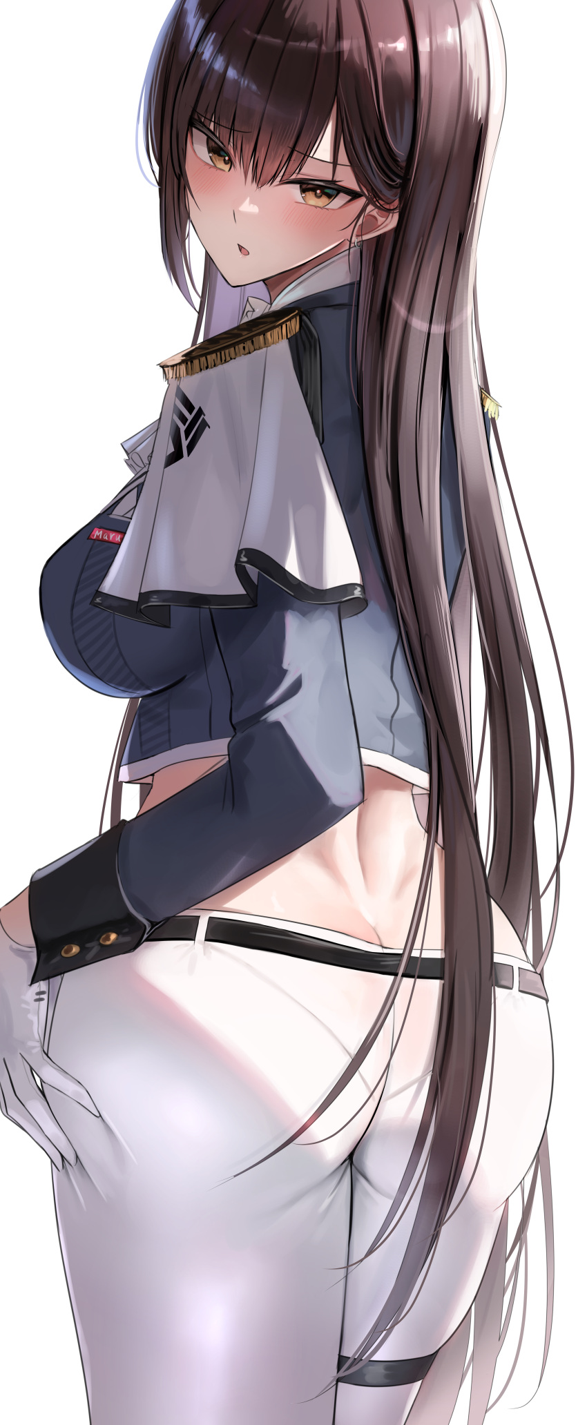 1girl :o absurdres aiguillette ass blue_shirt blush breasts brown_hair cropped_shirt dimples_of_venus goddess_of_victory:_nikke hana_hebi highres large_breasts long_hair looking_at_viewer looking_back marciana_(nikke) median_furrow pants pantylines shirt simple_background solo straight_hair thigh_strap very_long_hair white_background white_pants