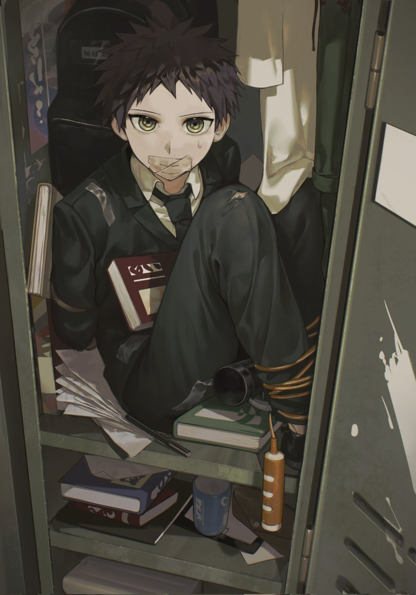 1boy arms_behind_back backpack bag baojialiya_ningmeng black_jacket black_necktie black_pants book bound brown_eyes brown_hair can collared_shirt danganronpa_(series) danganronpa_3_(anime) formal from_side gag highres hinata_hajime improvised_gag jacket knees_up locker looking_at_viewer necktie pants paper restrained shirt shoes short_hair solo sweatdrop tape tape_gag tied_up_(nonsexual) torn_clothes torn_pants unworn_pants unworn_shirt