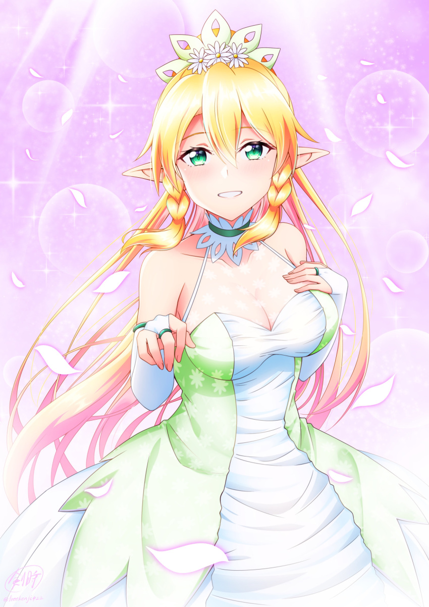 1girl blonde_hair braid breasts bridal_gauntlets choker cleavage collarbone detached_sleeves dress elf floating_hair flower gradient_hair green_eyes grin hair_between_eyes hair_flower hair_ornament highres jewelry ken-ji large_breasts leafa lens_flare long_hair long_sleeves looking_at_viewer multicolored_hair pink_background pink_hair pointy_ears ring sleeveless sleeveless_dress smile solo sparkle standing sword_art_online twin_braids very_long_hair wedding_dress white_choker white_dress white_flower white_sleeves