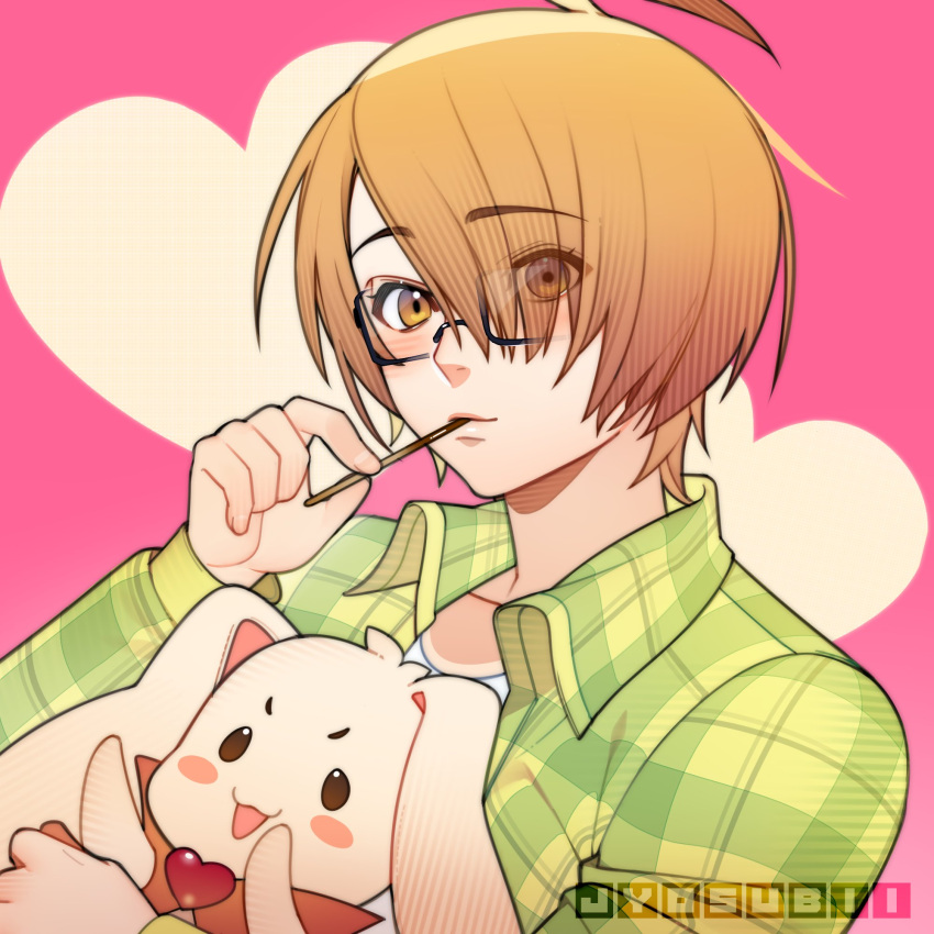 1boy 700hash black-framed_eyewear blonde_hair food food_in_mouth green_shirt heart highres holding holding_food holding_pocky holding_stuffed_toy looking_at_viewer love_stage!! male_focus orange_eyes pink_background plaid plaid_shirt pocky pocky_in_mouth sena_izumi_(love_stage!!) shirt short_hair stuffed_animal stuffed_rabbit stuffed_toy upper_body