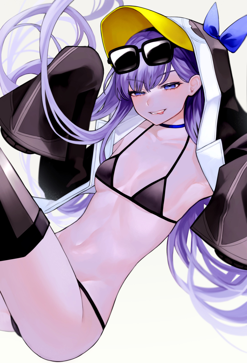 1girl animal_hood bikini black_bikini black_jacket blue_bow blue_eyes blush bow breasts choker collarbone eyewear_on_head fate/grand_order fate_(series) highres hood hood_up jacket long_hair long_sleeves looking_at_viewer meltryllis_(fate) meltryllis_(swimsuit_lancer)_(fate) meltryllis_(swimsuit_lancer)_(first_ascension)_(fate) navel open_clothes open_jacket penguin_hood prosthesis prosthetic_leg purple_hair sleeves_past_fingers sleeves_past_wrists small_breasts smile solo sumi_(gfgf_045) sunglasses swimsuit thighs tongue tongue_out very_long_hair