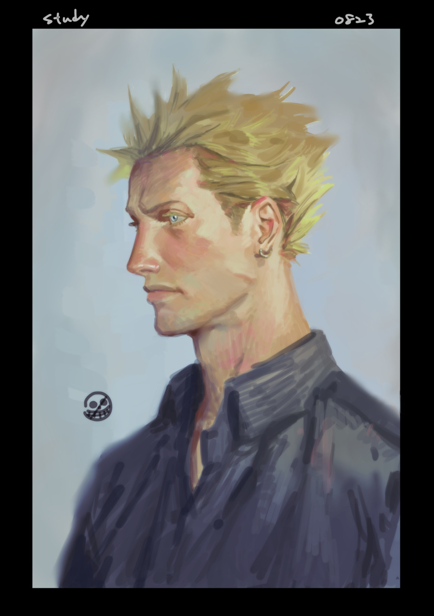 1boy absurdres aged_down black_shirt blonde_hair blue_eyes closed_mouth collared_shirt donquixote_doflamingo earrings english_text highres ishida_6610 jewelry male_focus one_piece portrait shirt short_hair smiley_face