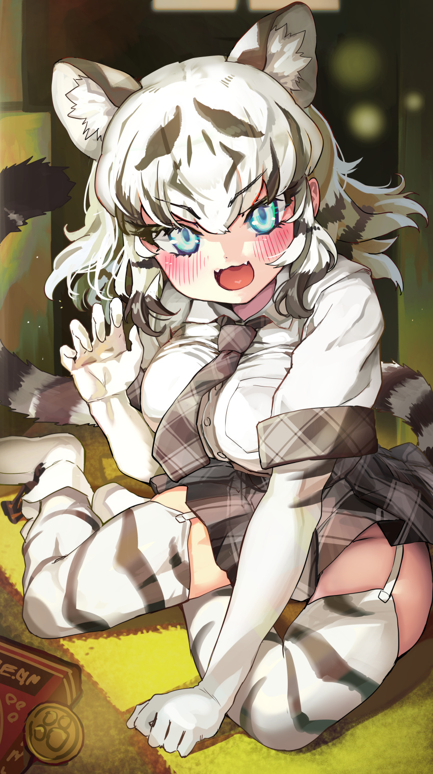 1girl absurdres animal_ear_fluff animal_ears animal_print black_hair blue_eyes blush breast_pocket breasts buttons claw_pose coin collared_shirt colored_inner_hair elbow_gloves extra_ears eyelashes fangs garter_straps gloves hair_between_eyes hand_up head_tilt highres impossible_clothes impossible_shirt indoors kemono_friends leaning_forward looking_at_viewer medium_hair melaton miniskirt multicolored_hair necktie open_mouth outstretched_arm plaid plaid_necktie plaid_skirt plaid_sleeves plaid_trim pocket print_gloves print_thighhighs shirt shoes short_sleeves sitting skirt smile solo tail thighhighs tiger_ears tiger_girl tiger_print tiger_tail two-tone_hair v-shaped_eyebrows white_footwear white_hair white_shirt white_tiger_(kemono_friends) white_tiger_print wing_collar zettai_ryouiki