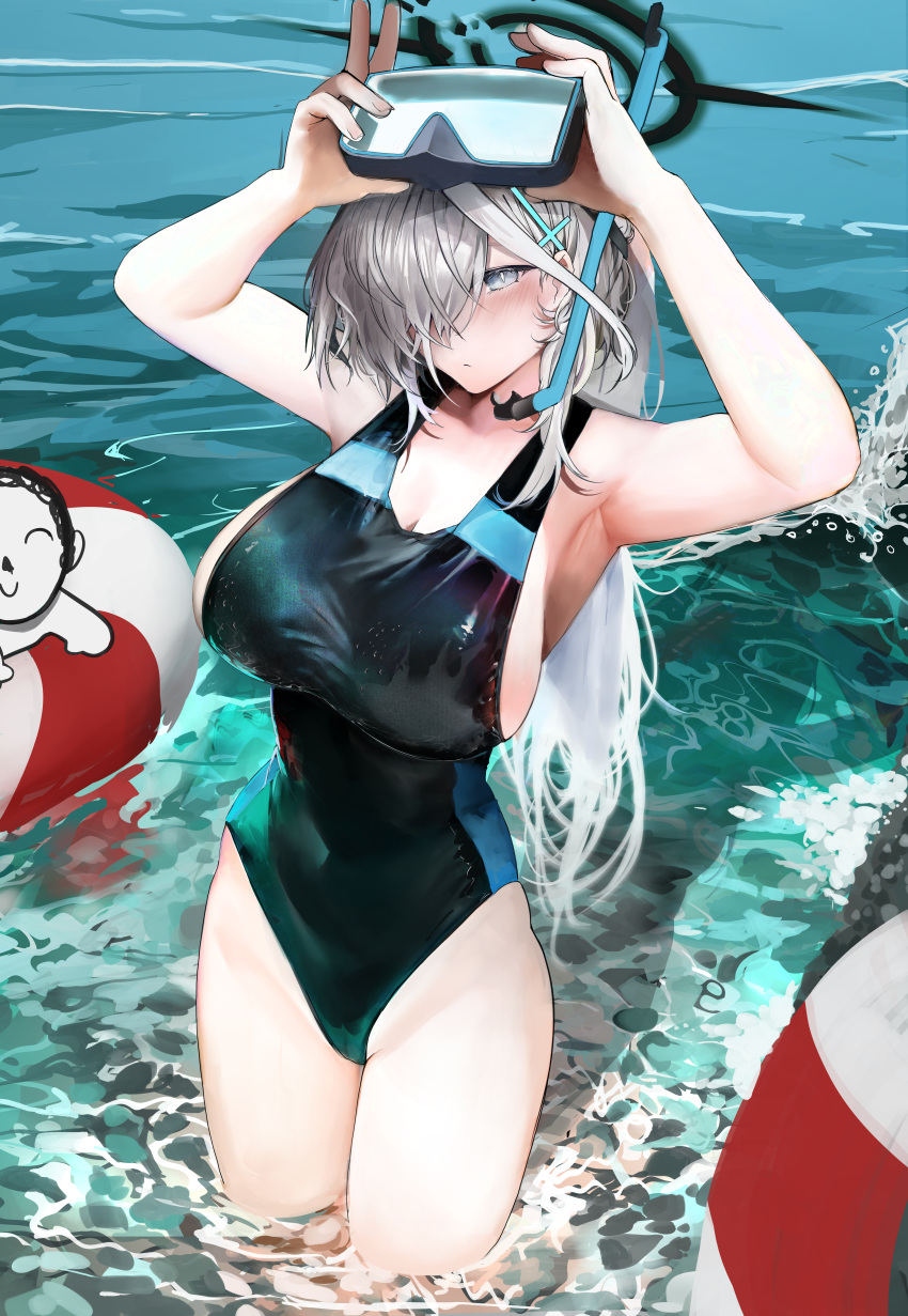 1girl 1other absurdres alternate_costume animal_ears armpits arms_up arona's_sensei_doodle_(blue_archive) blue_archive blush breasts cleavage competition_swimsuit cosplay extra_ears goggles goggles_on_head grey_hair groin hair_over_one_eye halo highres jdep large_breasts lifebuoy long_hair looking_at_viewer one-piece_swimsuit one_eye_covered outdoors refraction sensei_(blue_archive) shiroko_(blue_archive) shiroko_(blue_archive)_(cosplay) shiroko_(swimsuit)_(blue_archive) shiroko_terror_(blue_archive) sideboob swimsuit two-tone_one-piece_swimsuit very_long_hair wading wolf_ears