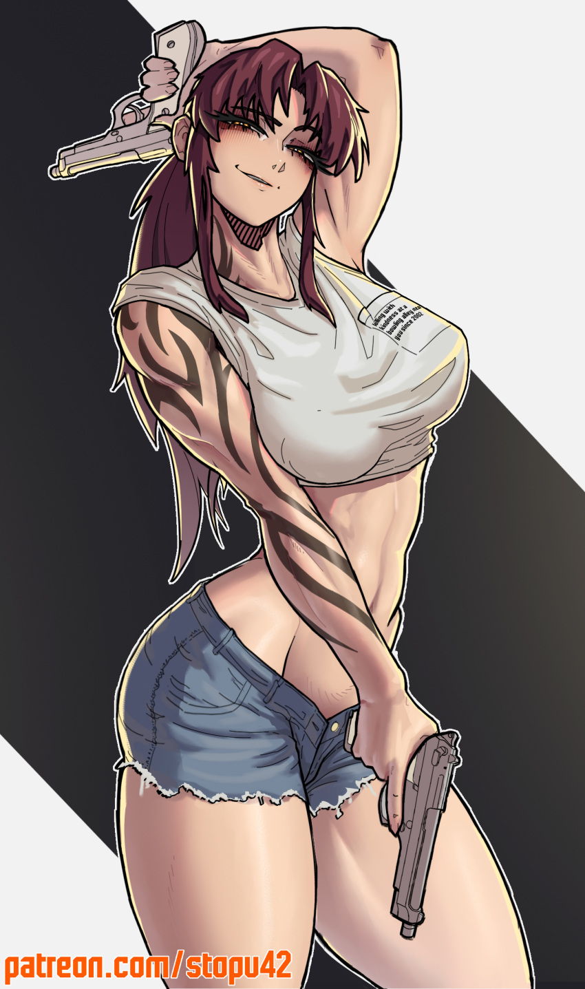 1girl absurdres arm_tattoo arm_up armpits beretta_92 black_background black_lagoon breasts brown_eyes brown_hair commentary cowboy_shot crop_top cropped_shirt cutoffs denim denim_shorts dual_wielding gun half-closed_eyes handgun highres holding holding_gun holding_weapon large_breasts linea_alba long_hair looking_at_viewer midriff muscular muscular_female navel parted_lips patreon_username ponytail revy_(black_lagoon) shirt short_shorts shorts sidelocks simple_background smile solo stomach stopu symbol-only_commentary tattoo thick_thighs thighs trigger_discipline two-tone_background weapon web_address white_background white_shirt