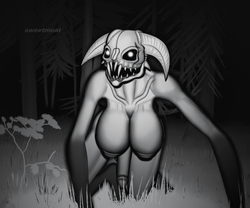 6:5 absurd_res all_fours anthro big_breasts black_and_white breasts creepy forest forest_background genitals gynomorph hi_res horn humanoid humanoid_genitalia humanoid_penis intersex kneeling looking_at_viewer mammal monochrome monster monstrous_humanoid nature nature_background nipples nude penis plant solo sweetmeat teeth tree
