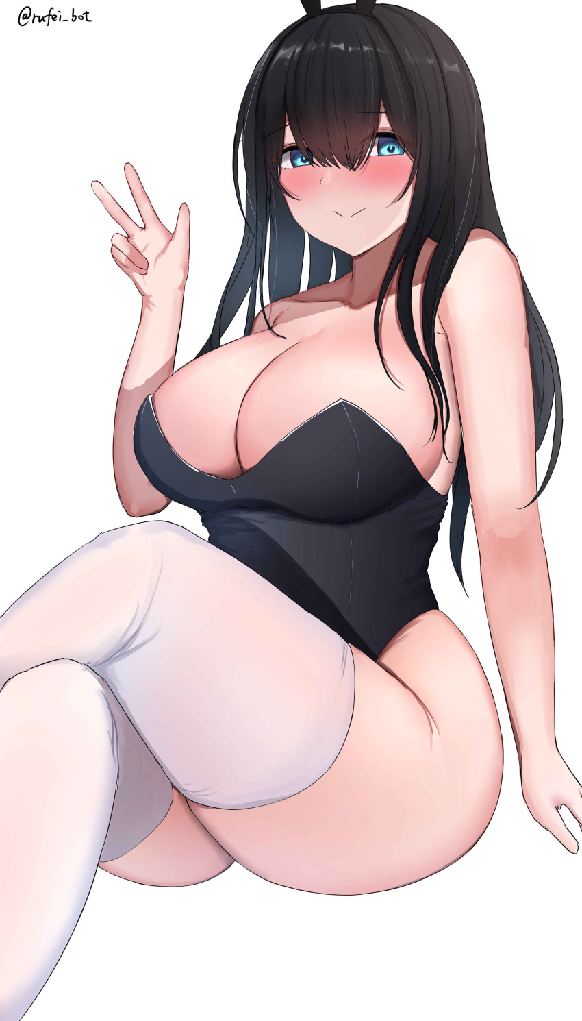 1girl absurdres alternate_costume animal_ears black_hair black_leotard blue_eyes blush breasts cleavage closed_mouth collarbone commentary_request crossed_legs fake_animal_ears hair_between_eyes hand_up highleg highleg_leotard highres huge_breasts idolmaster idolmaster_cinderella_girls invisible_chair leotard long_hair looking_at_viewer playboy_bunny rabbit_ears rufei_bot sagisawa_fumika sitting smile solo strapless strapless_leotard thighhighs thighs twitter_username w white_background white_thighhighs